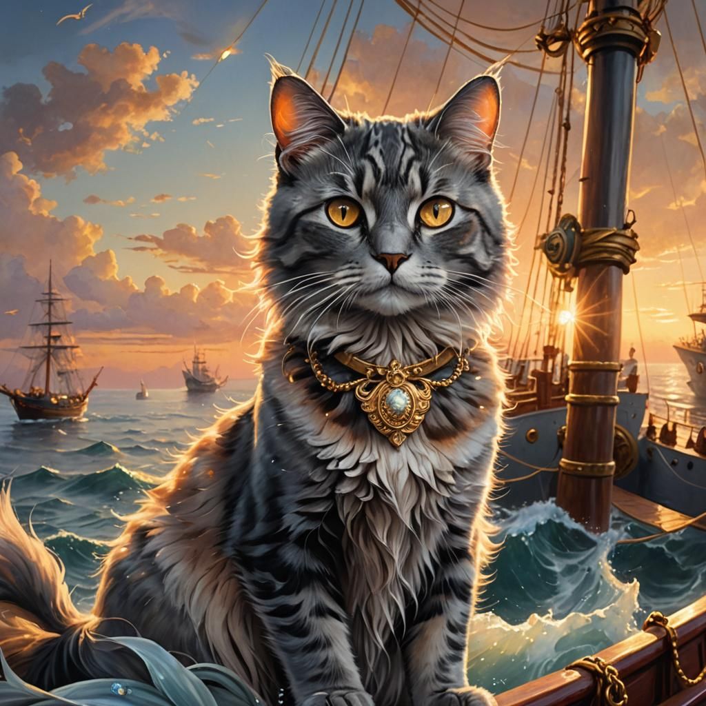 Cat Goddess on Ship at Sunset: Mythology Art