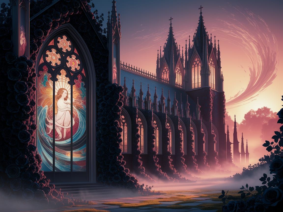Gothic Rose Cathedral with Fallen Angel Stained Glass
