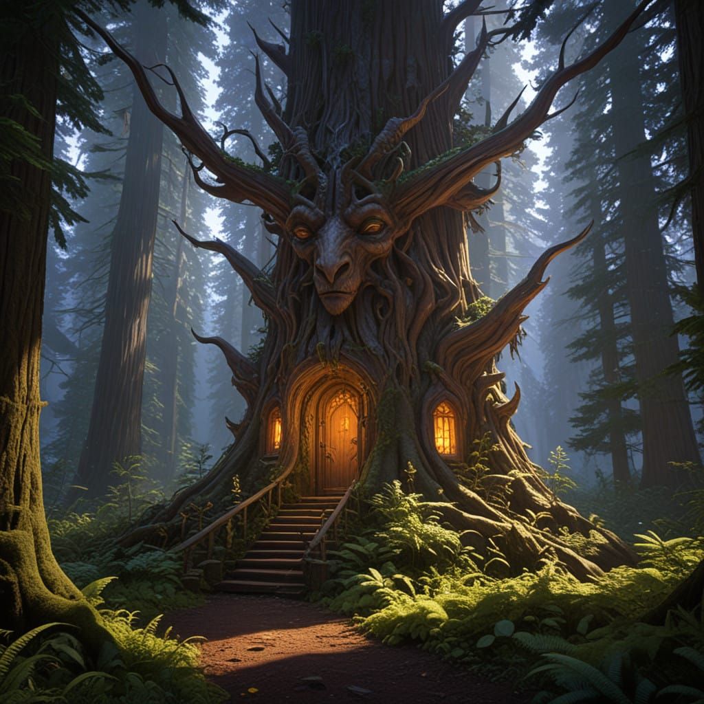 Giant Redwood Illuminated by Fairies in a Dark Fantasy Fores...