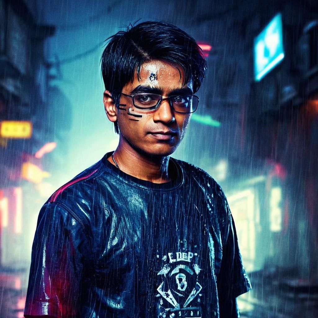 Cyberpunk Protagonist in Rainy Dystopian Alley
