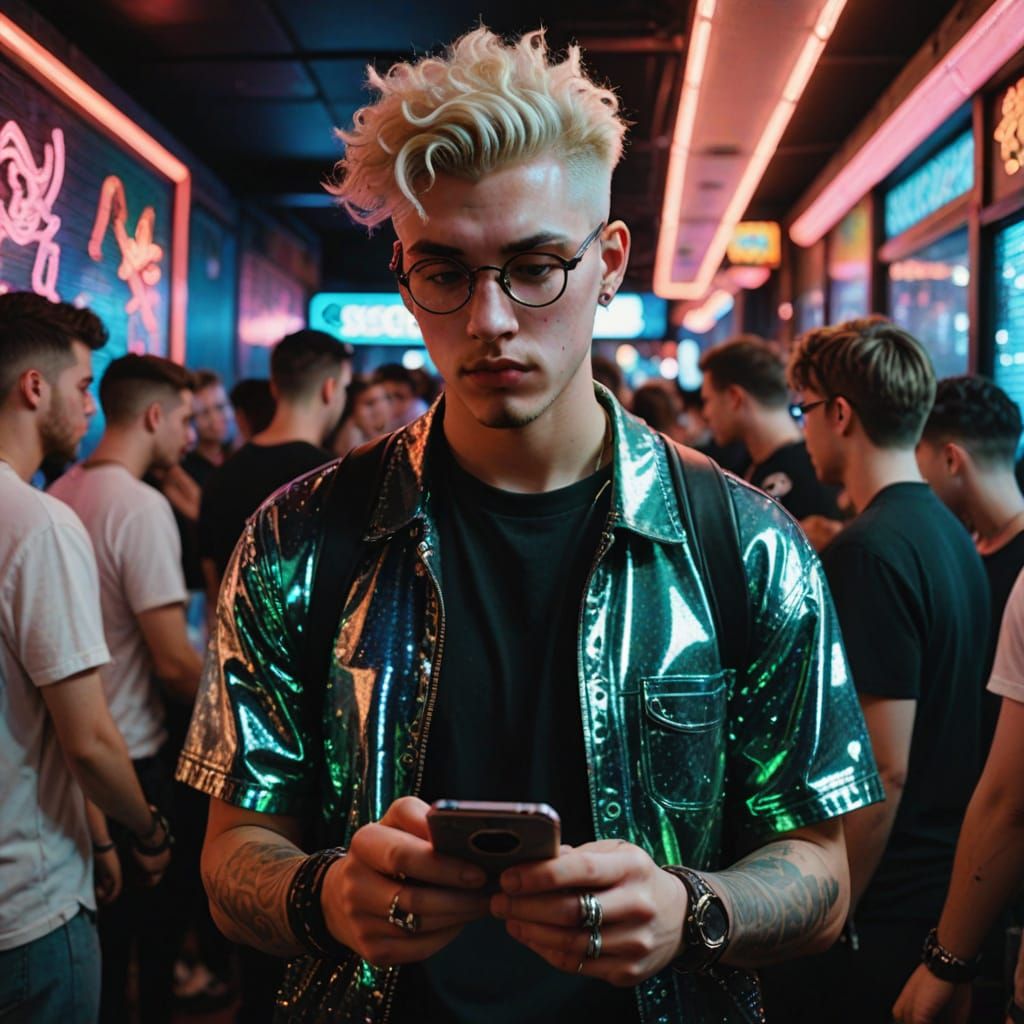 Trendy Young Guy in Neon Disco Aesthetic