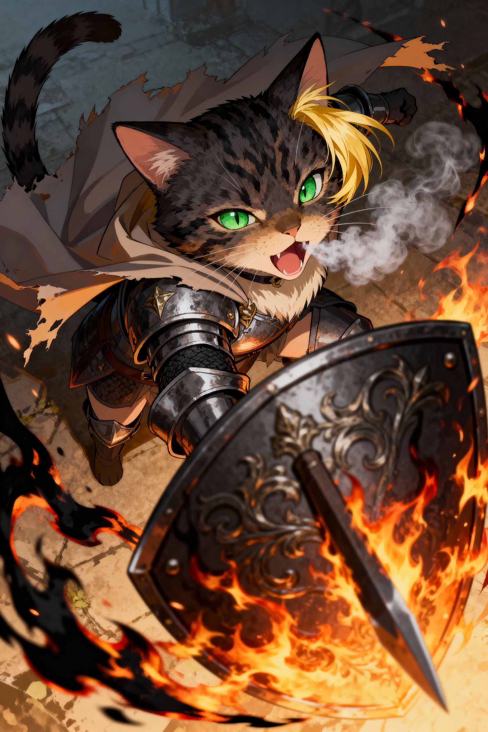 Anime Cat Knight in Fiery Charge with Ornate Shield