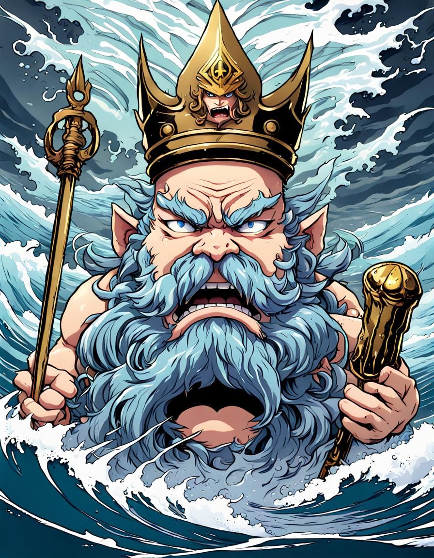 Evil King Neptune, horror, fish skewered on trident, bursting out the stormy waves