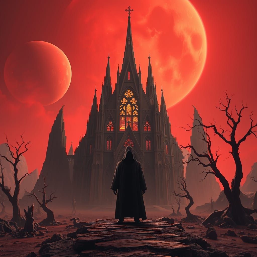 Alien Gothic Cathedral Under a Blood-Red Sky