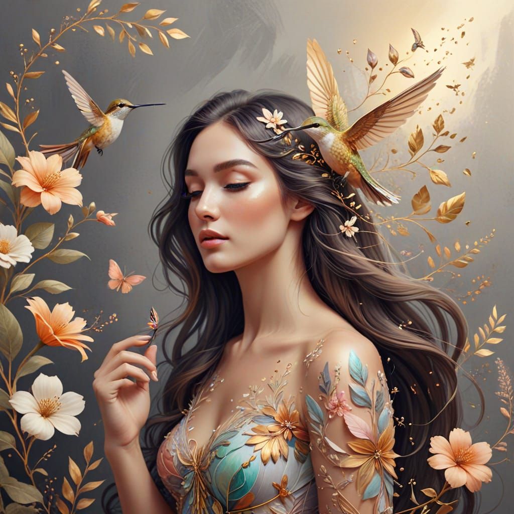 Whimsical Woman with Hummingbird in Floral Fantasy