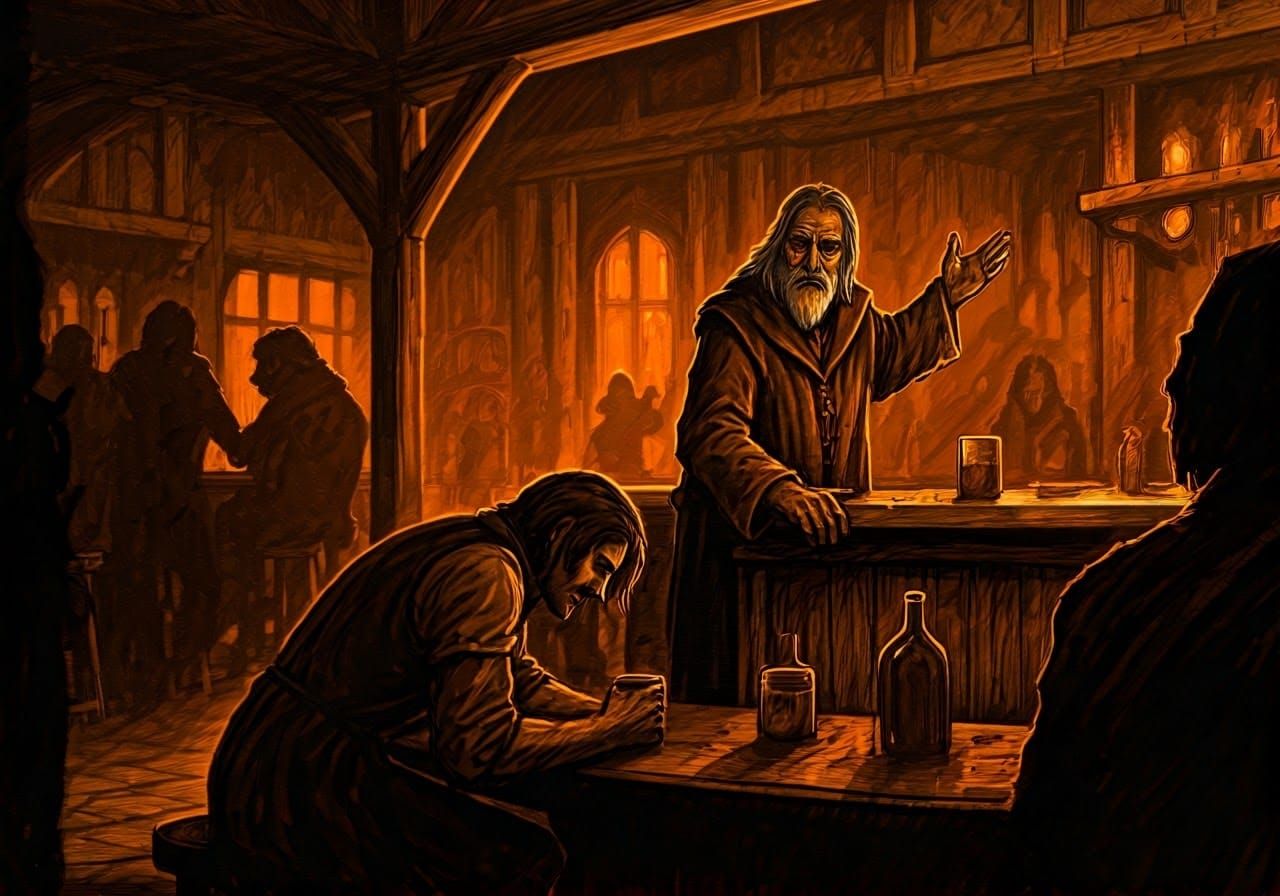 Dimly Lit Tavern Scene in Dark Fantasy Style