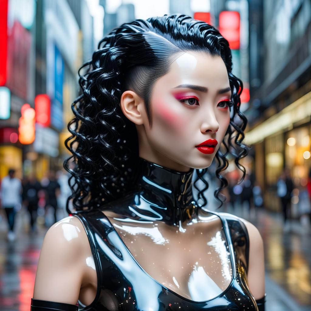 Cyberpunk Asian Woman with Red Lipstick and Mohawk