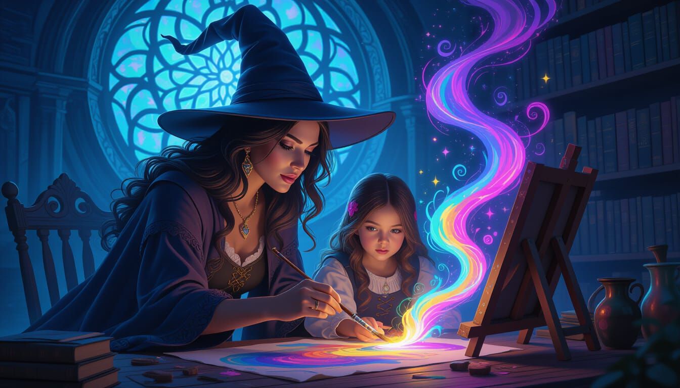 Witch Teaches Daughter Magic Painting in Vibrant Digital Art