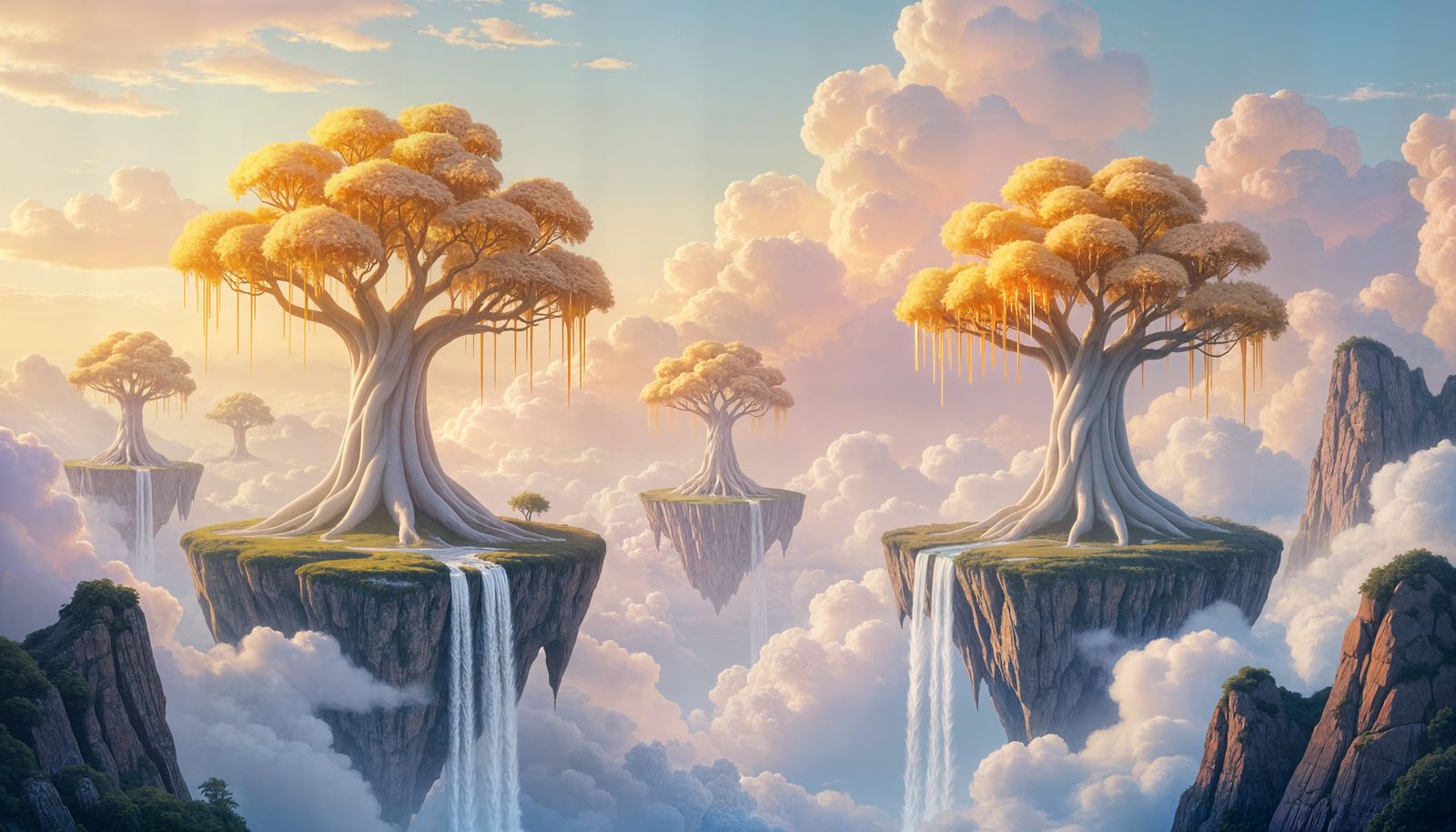 Dreamlike Floating Islands with Crystal Trees in Pastel Sky