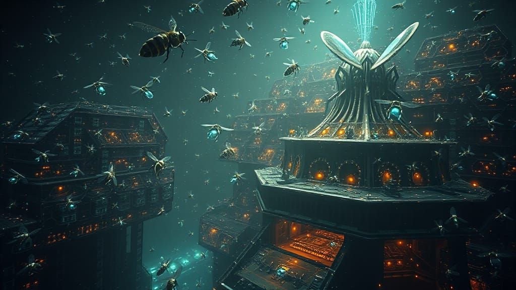 Cybernetic Beehive Metropolis in Dark, Eerie Environment