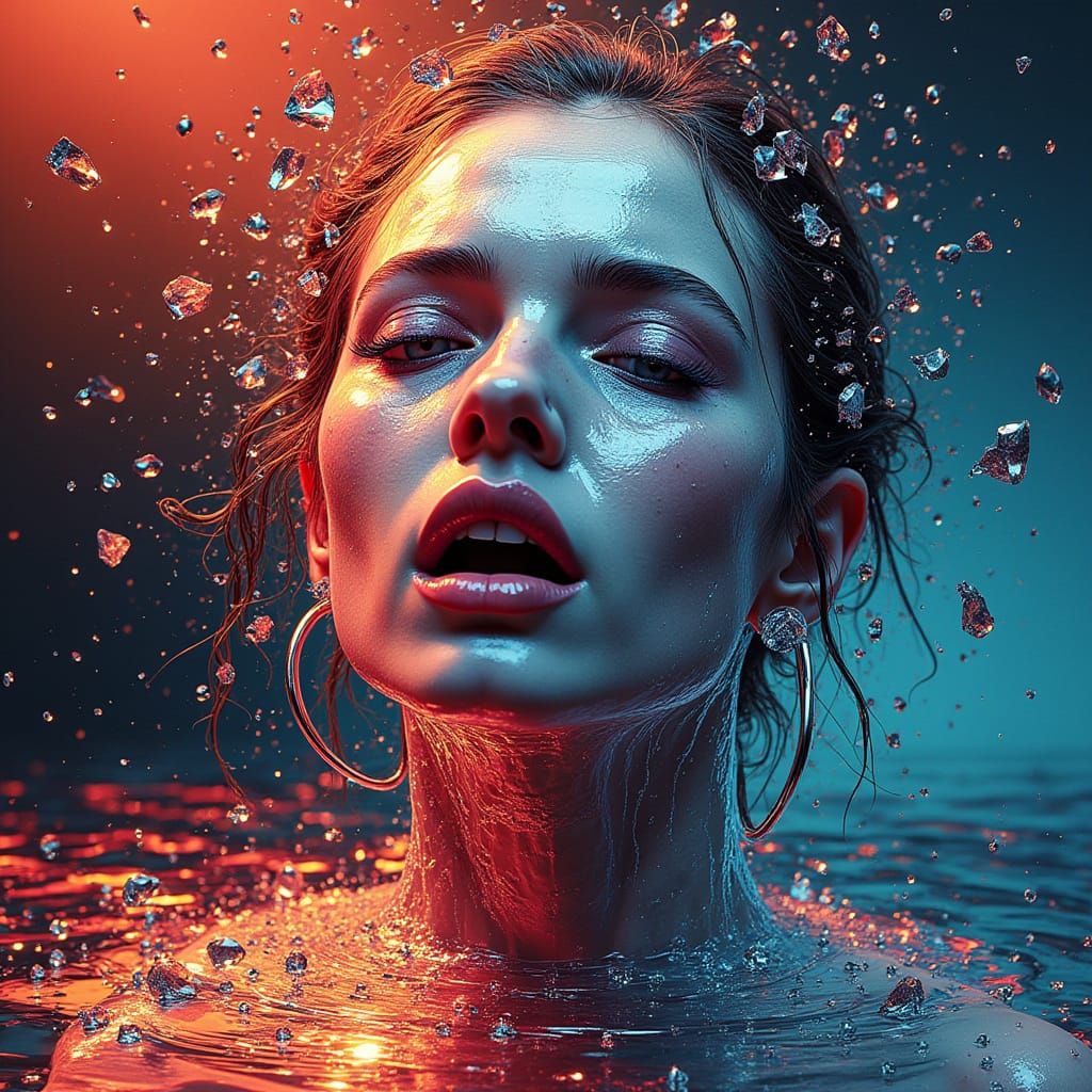 Surreal Op-Art Waterfall of Shattered Silver in Vibrant Hues