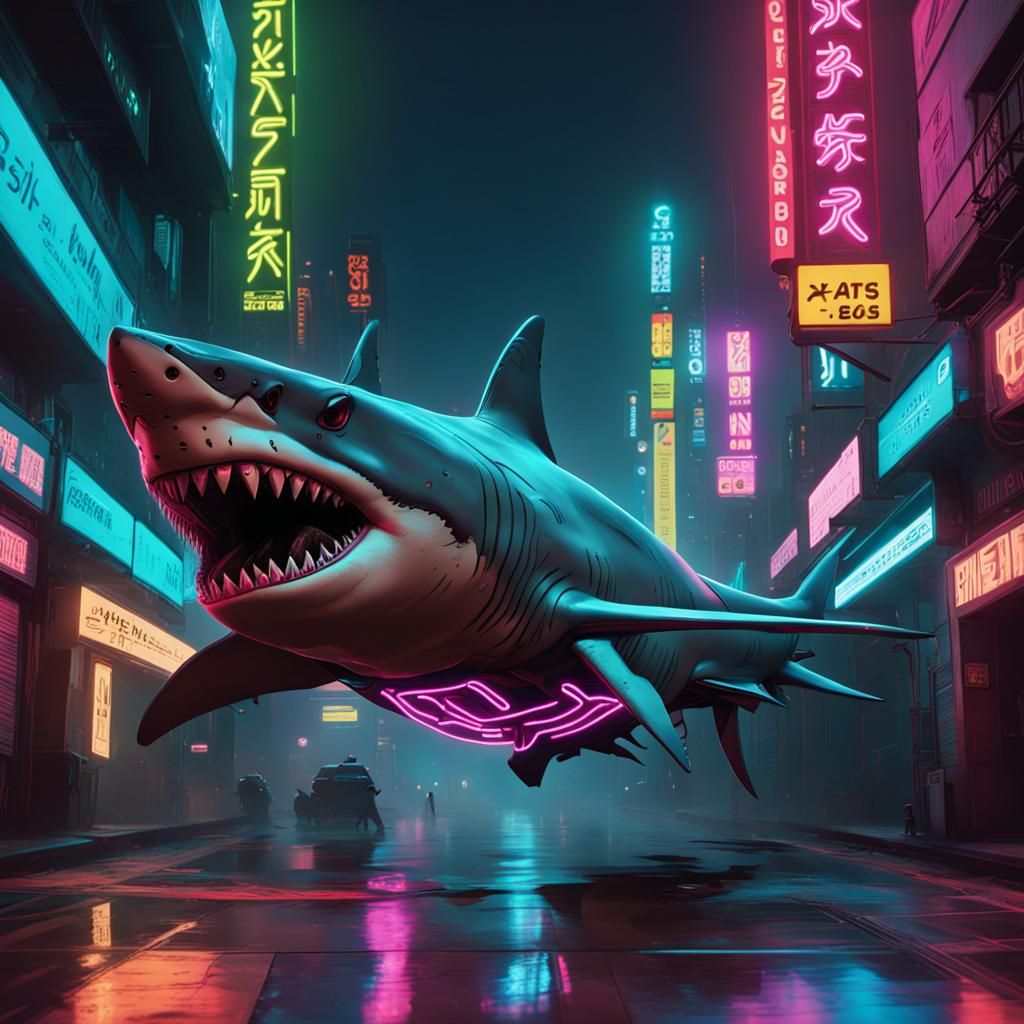 Cyberpunk Shark in Neon Cityscape