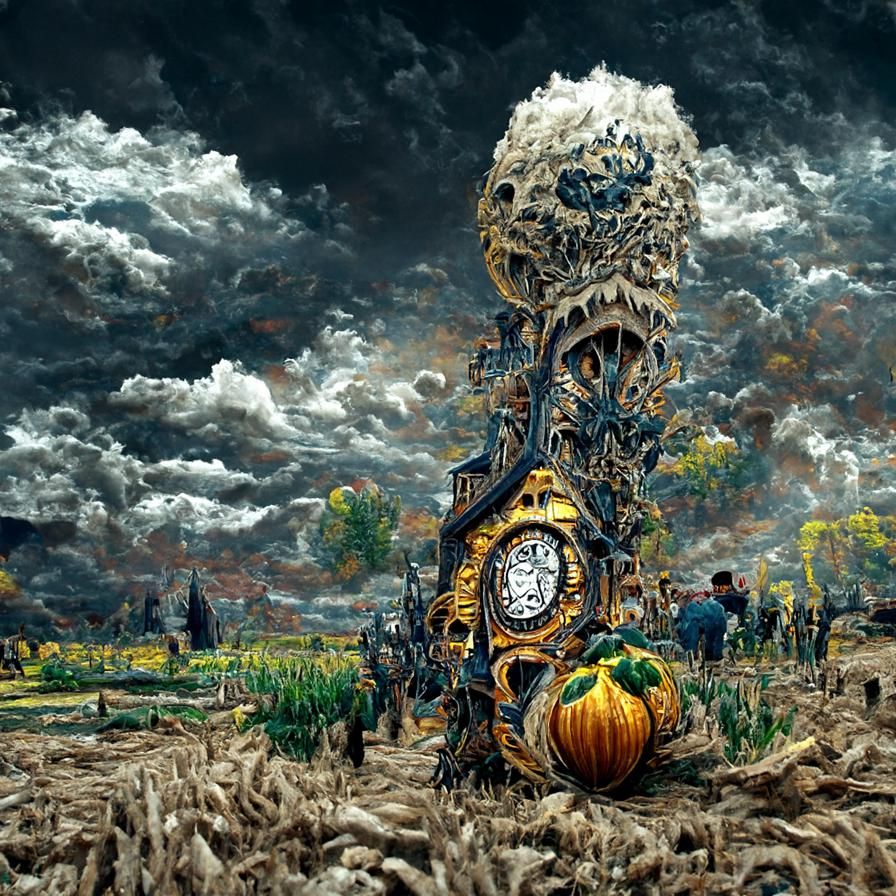Spooky Pumpkin Clock in Cornfield, Hyperdetailed Art