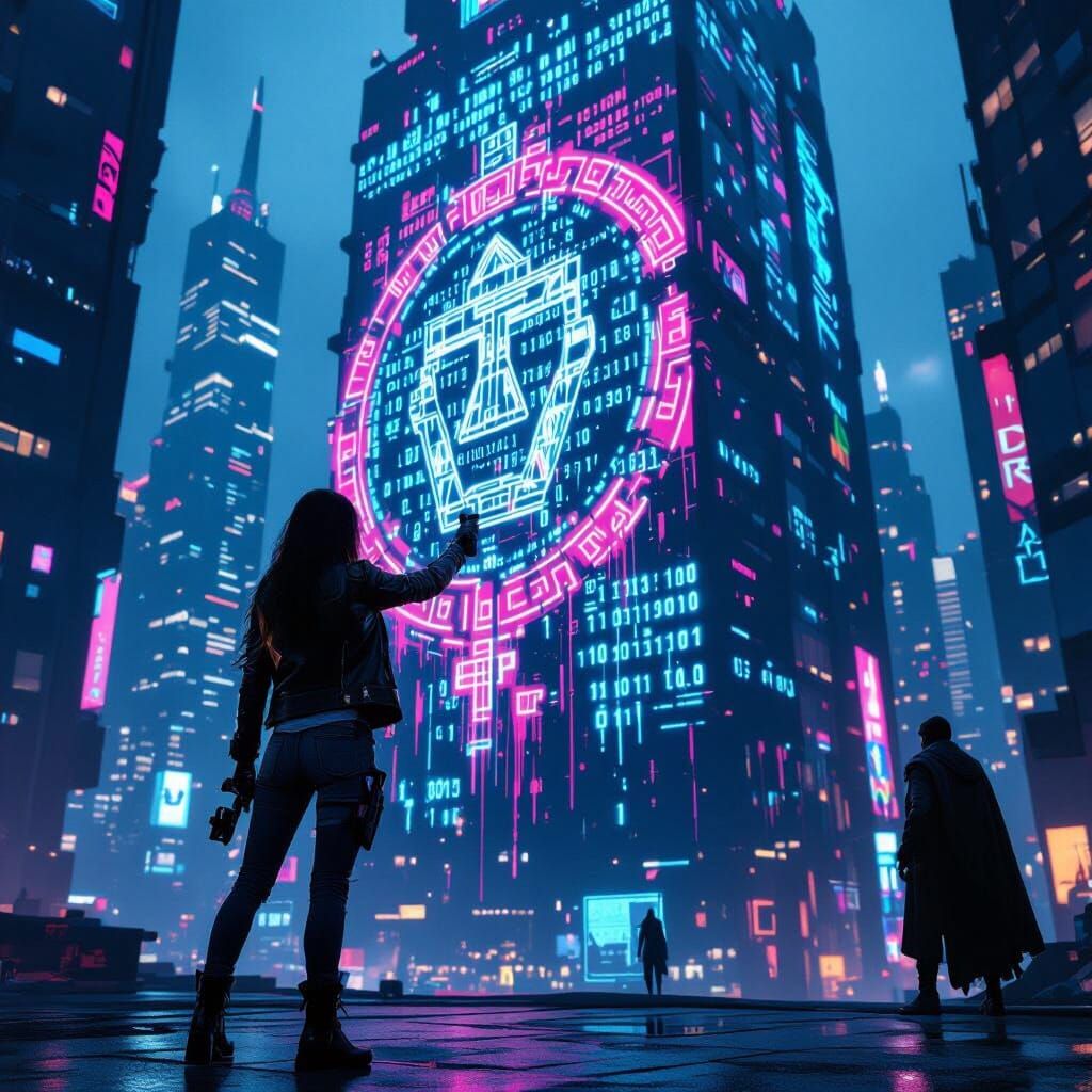 Athena as Cyberpunk Street Artist Painting Binary Mural