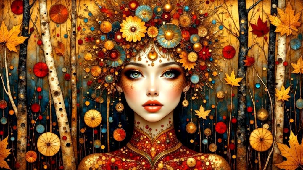 Goddess of the Autumn Forest in Golden Impressionist Style