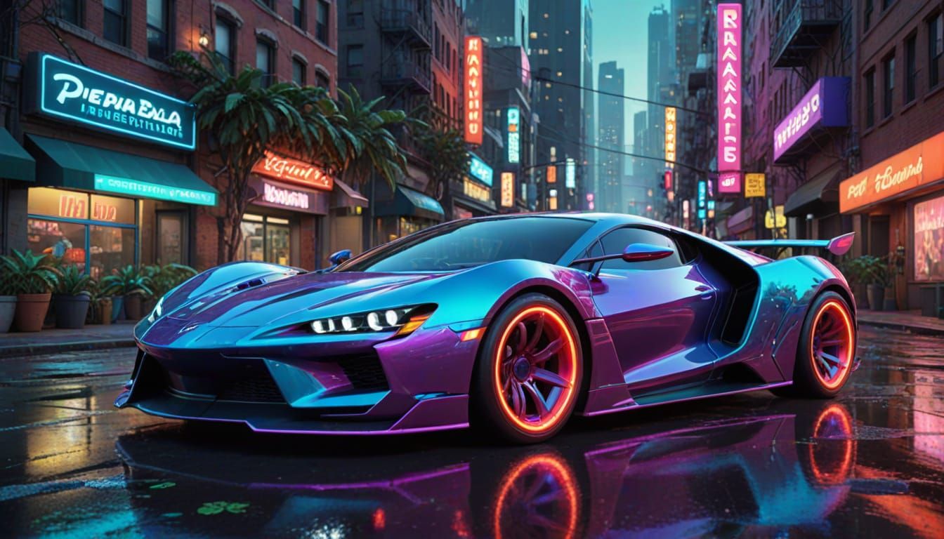 Sleek Sports Car Speeds Through Vibrant Futuristic Cityscape