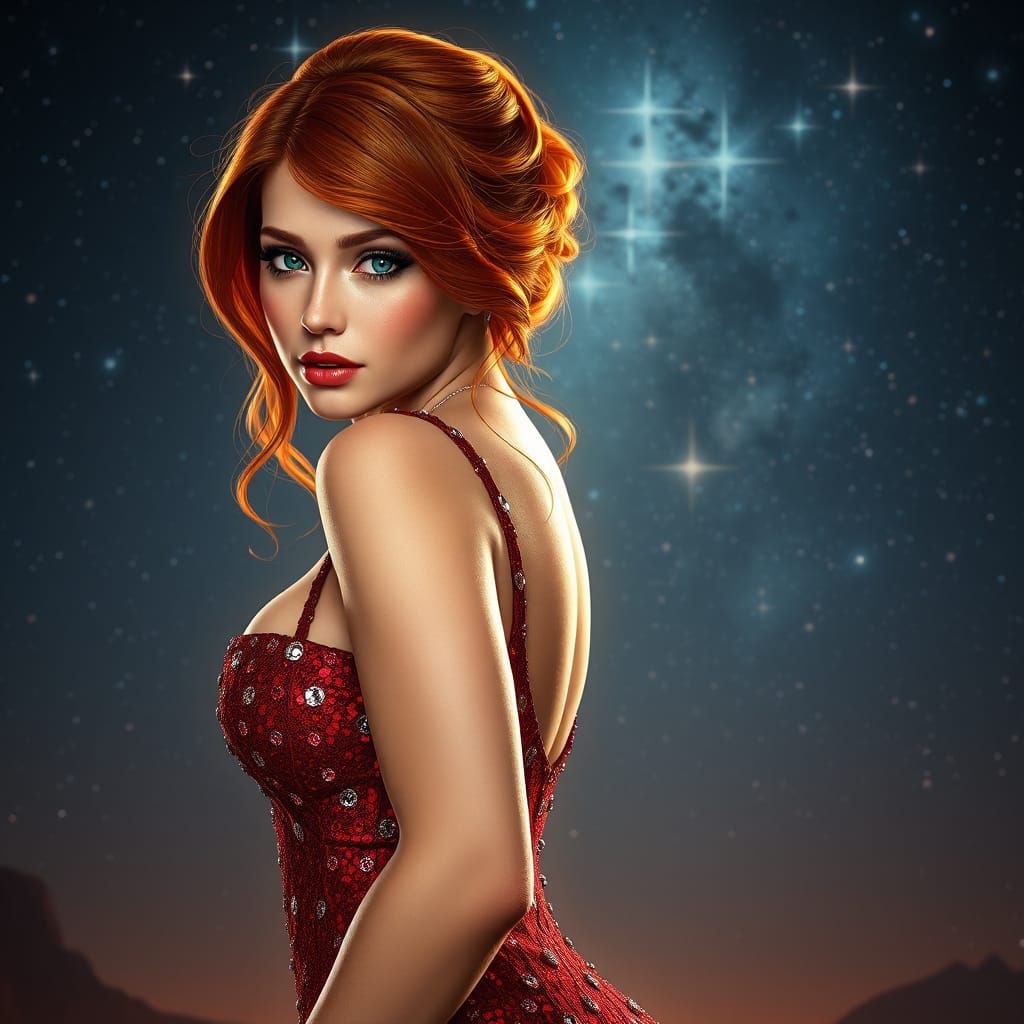 Glowing Redhead Goddess Under Starry Night Sky
