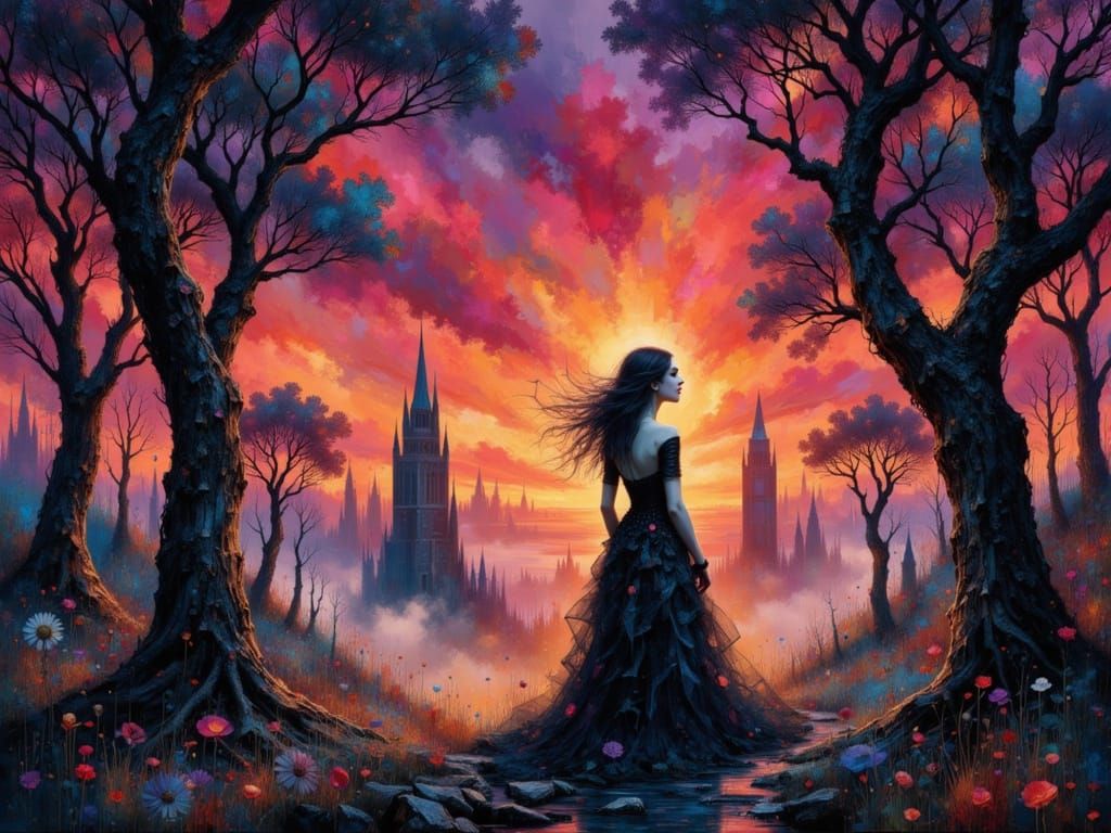 Gothic Woman in Forest at Sunset, Pop Art Style