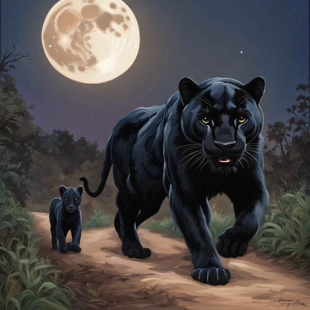 large black panther and cub on trail