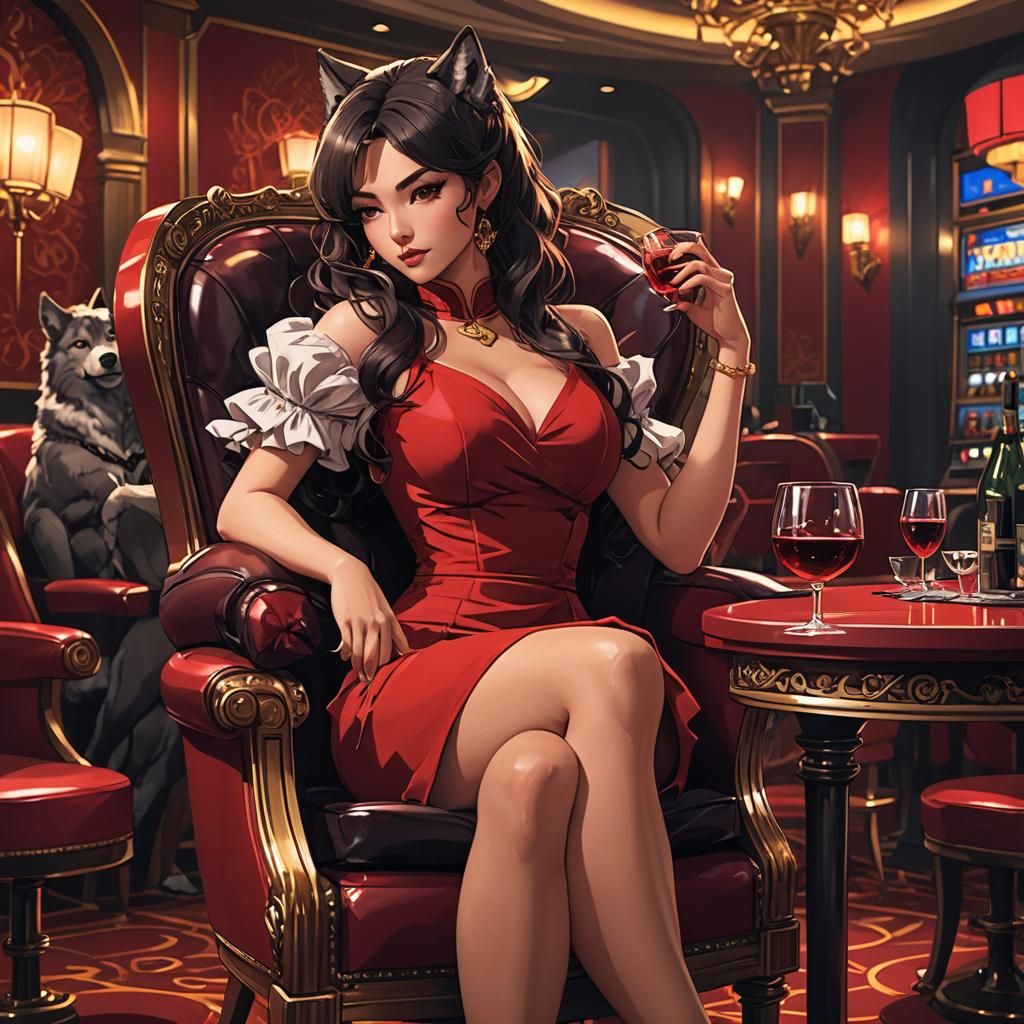 Latina in Red Dress: Cel-Shaded Casino Scene