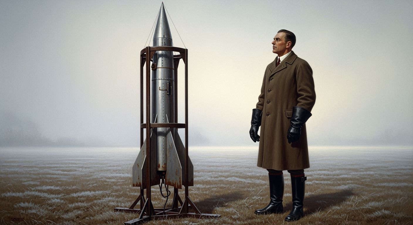 Goddard Displays Early Rocket: Rockwell-Inspired Scene