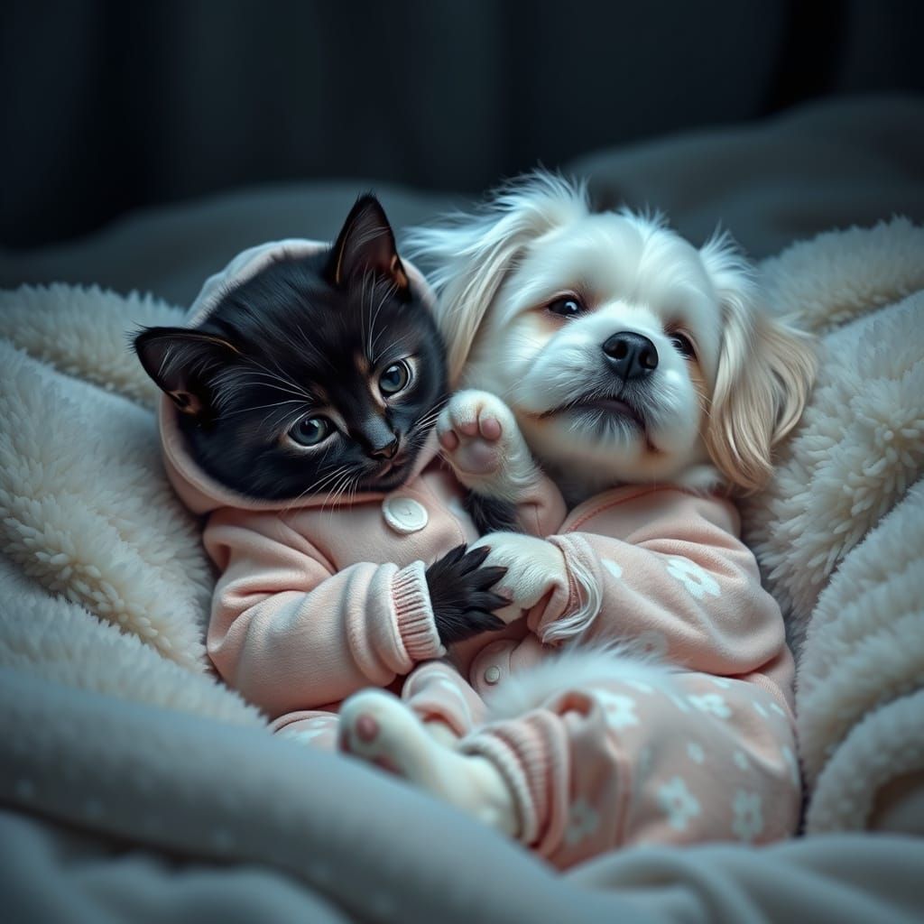 Hyperrealistic Kitten and Dog Embrace in Bed
