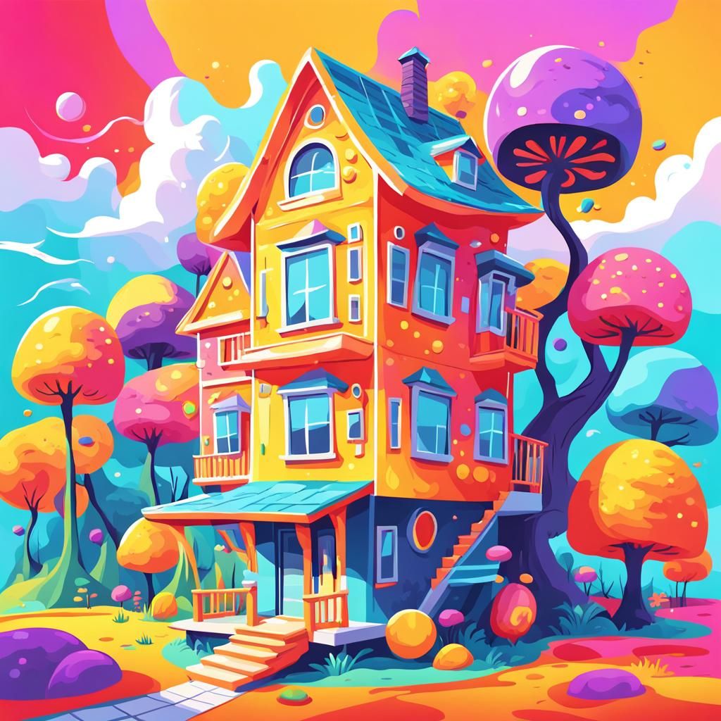 Colorful Whimsical House Illustration with Catchy Plot