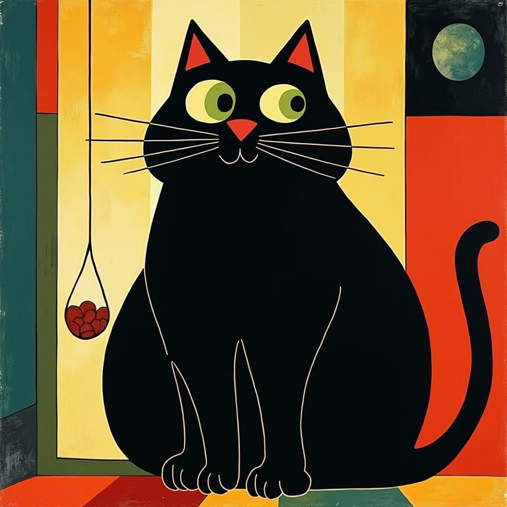 Geometric Fauvist Cat with Green Eyes by Window