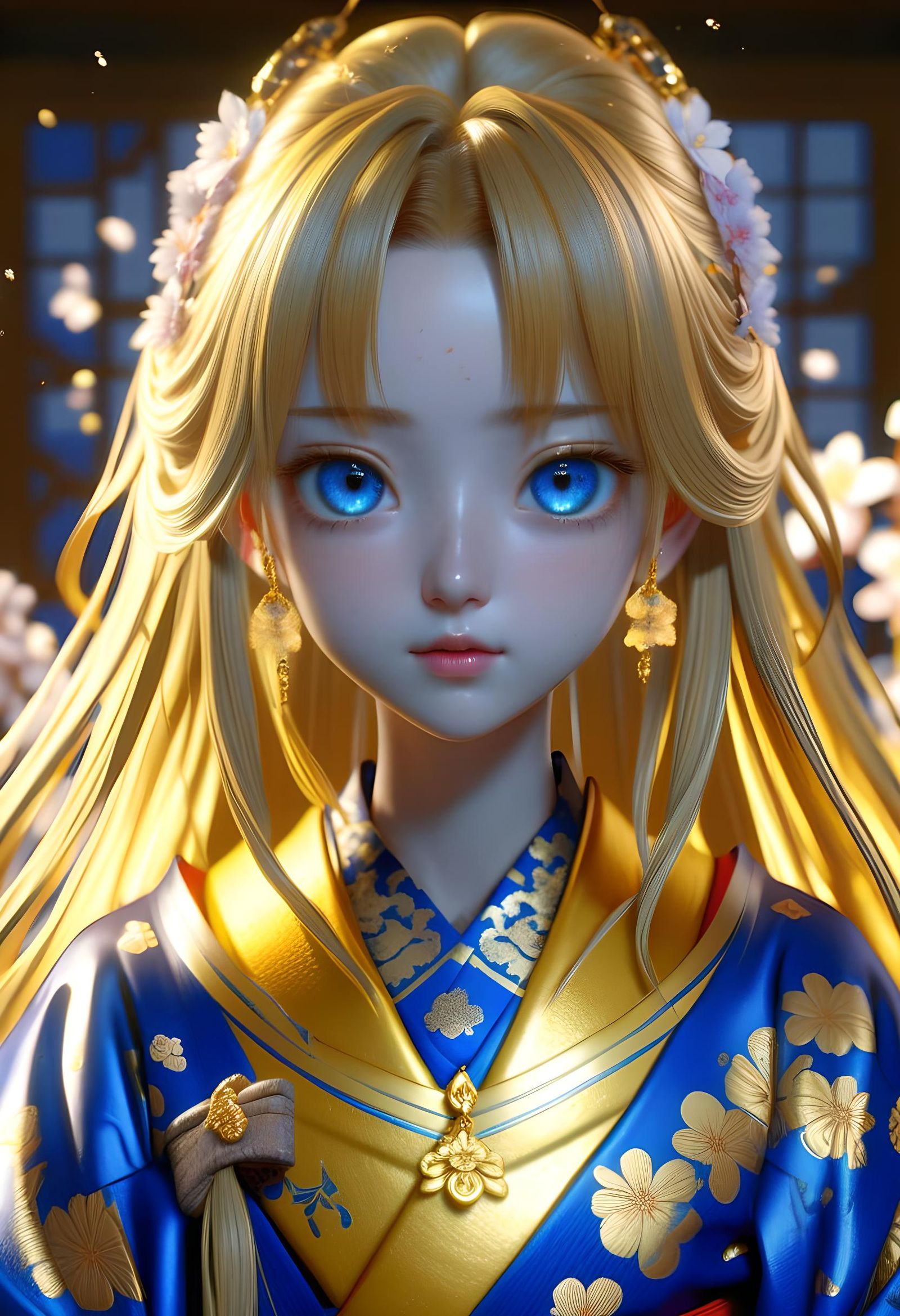 Golden Haired Woman in Kimono: 3D Anime Art