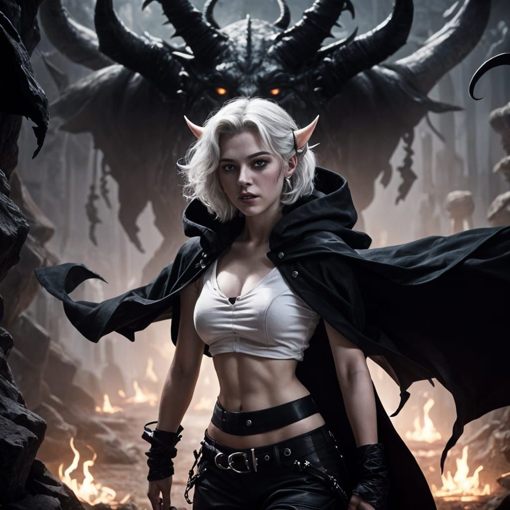 Action Portrait of a Tiefling Woman in Black