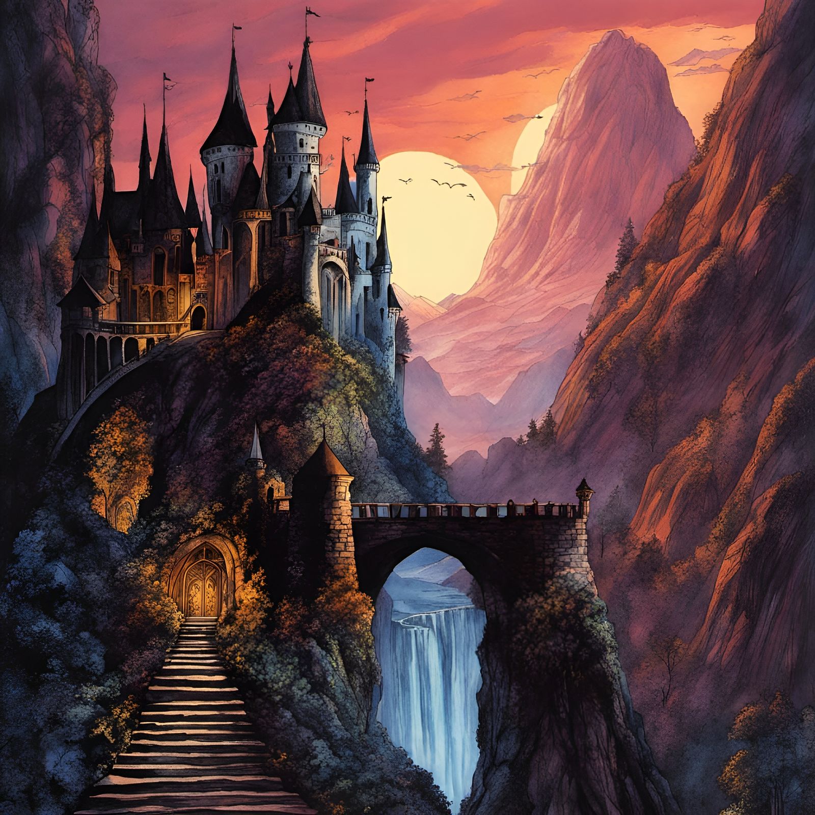 Fantasy castle, pen and ink