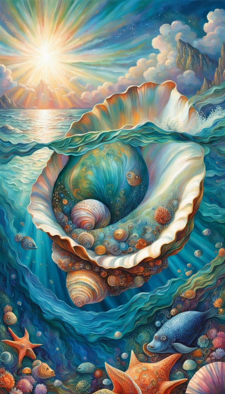 Vibrant Hawaiian Seashell Scene with Bioluminescent Life