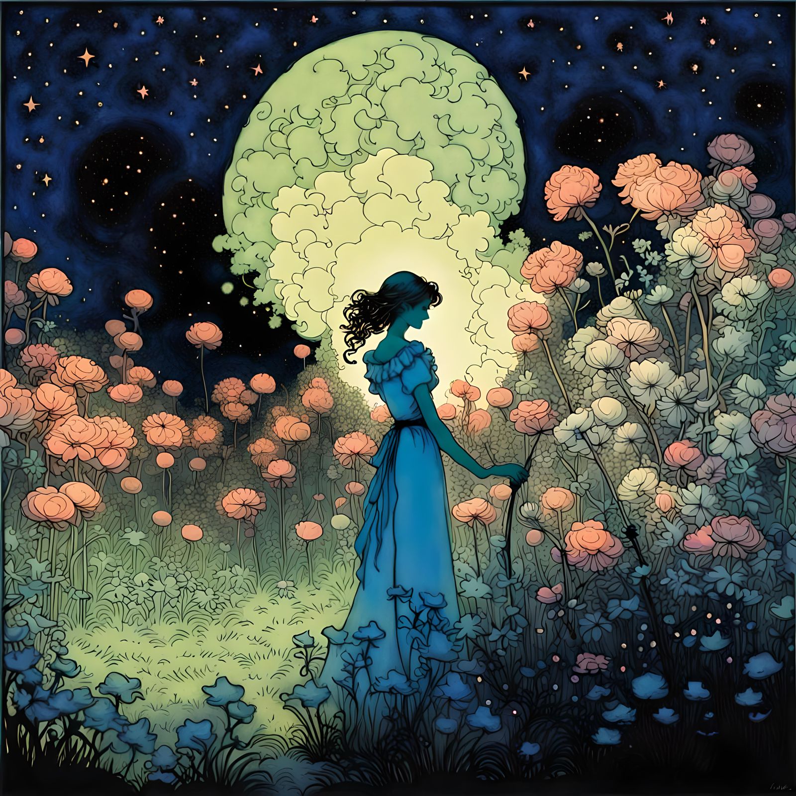 woman, flower garden, neon silhouette, arthur rackham, night...