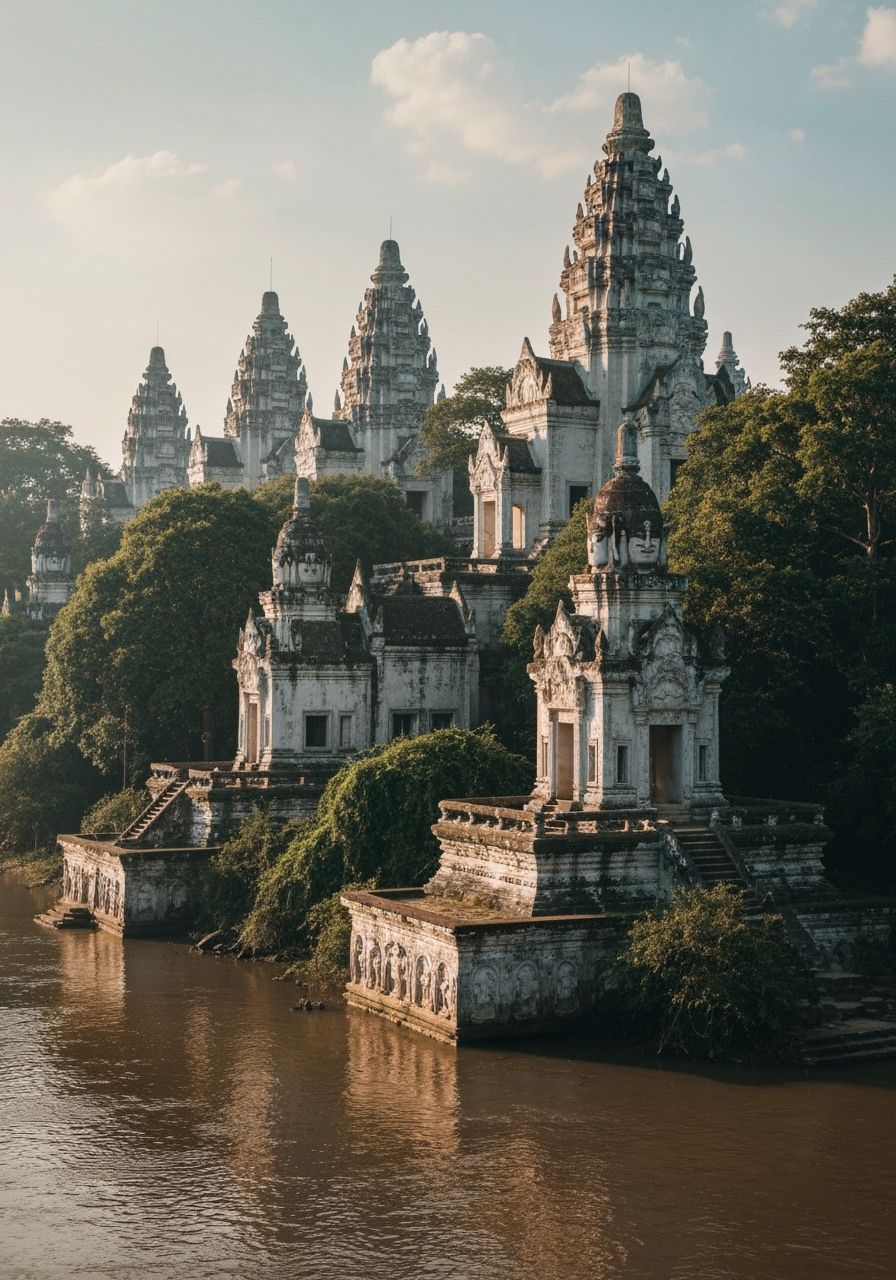 Ancient Temple Complex by Murky River at Golden Hour