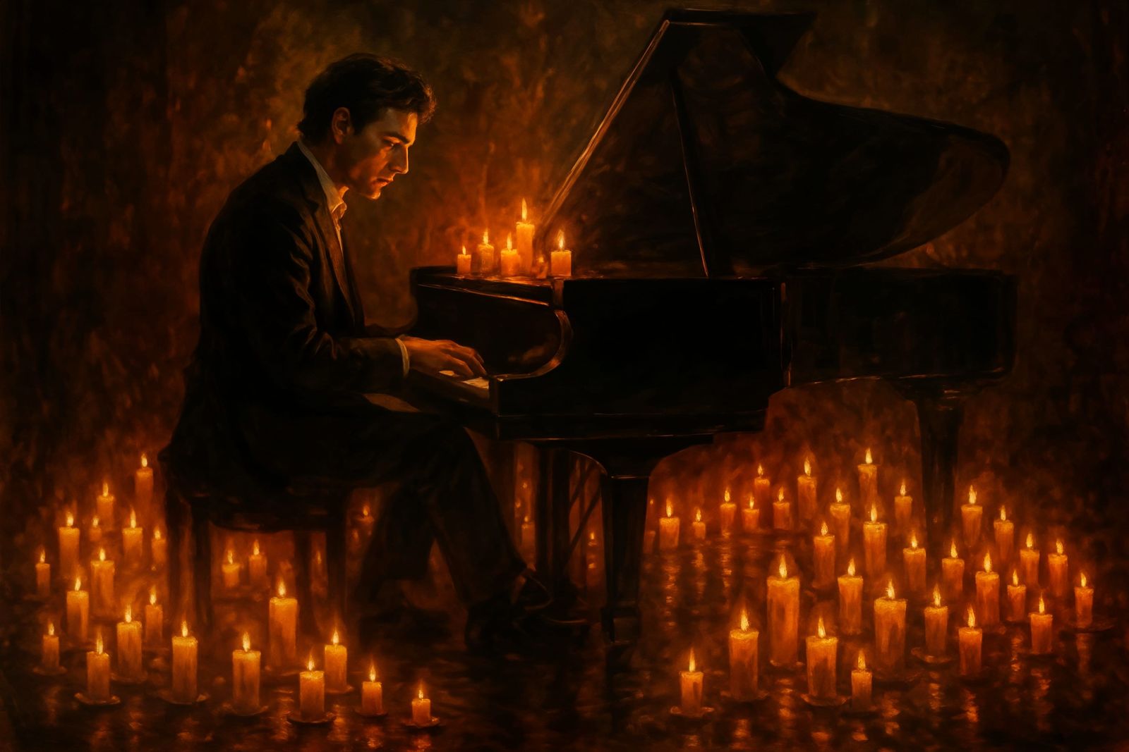 Elegant Pianist in Candlelit Room: Painterly Style