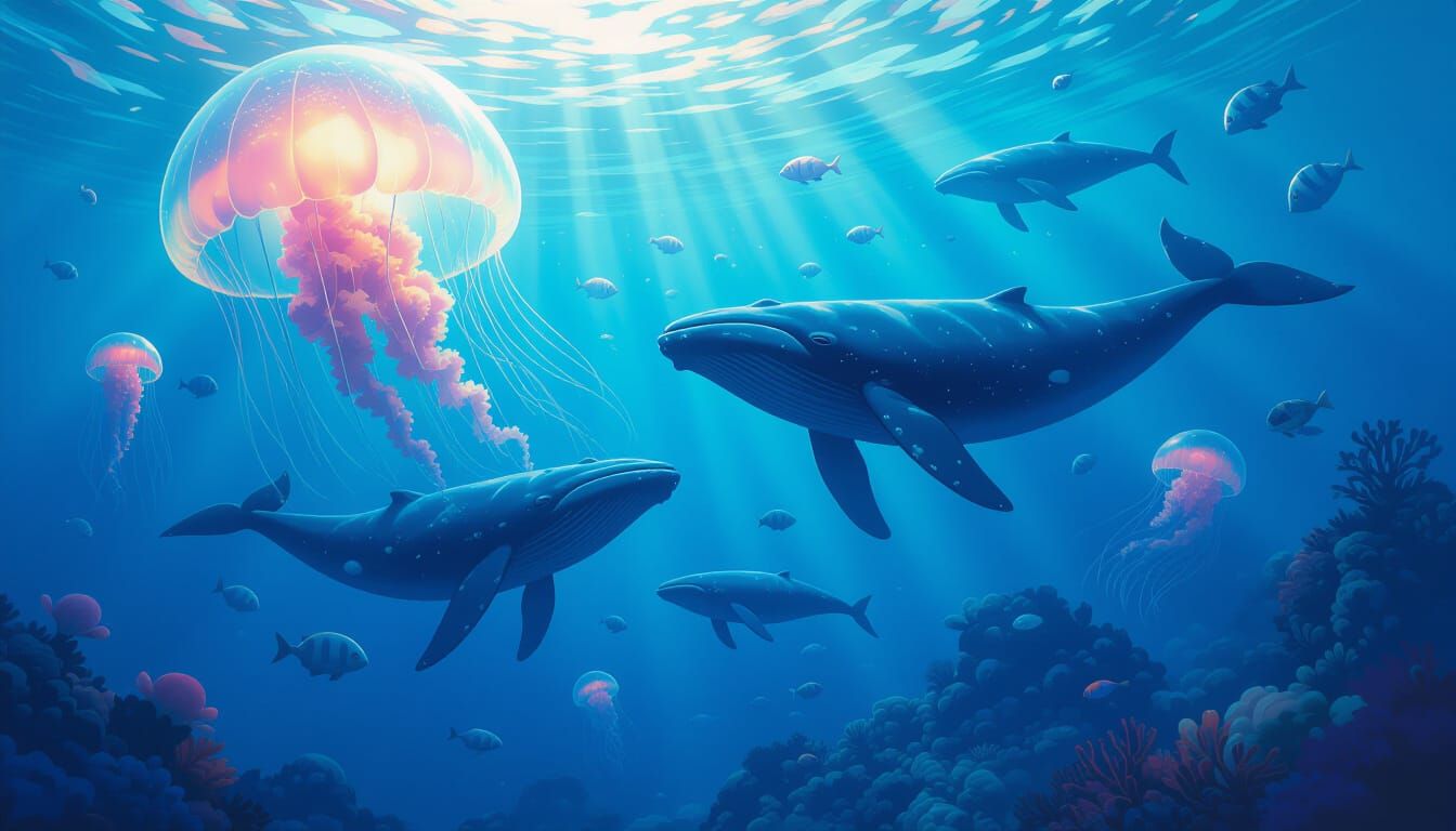 Dreamlike Whales in Bioluminescent Ocean, Matte Painting