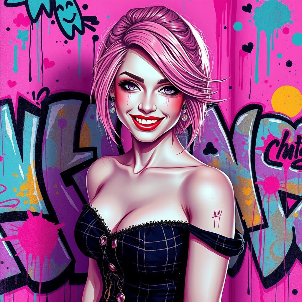 Woman in Plaid Gown with Graffiti, in Futuristic Style