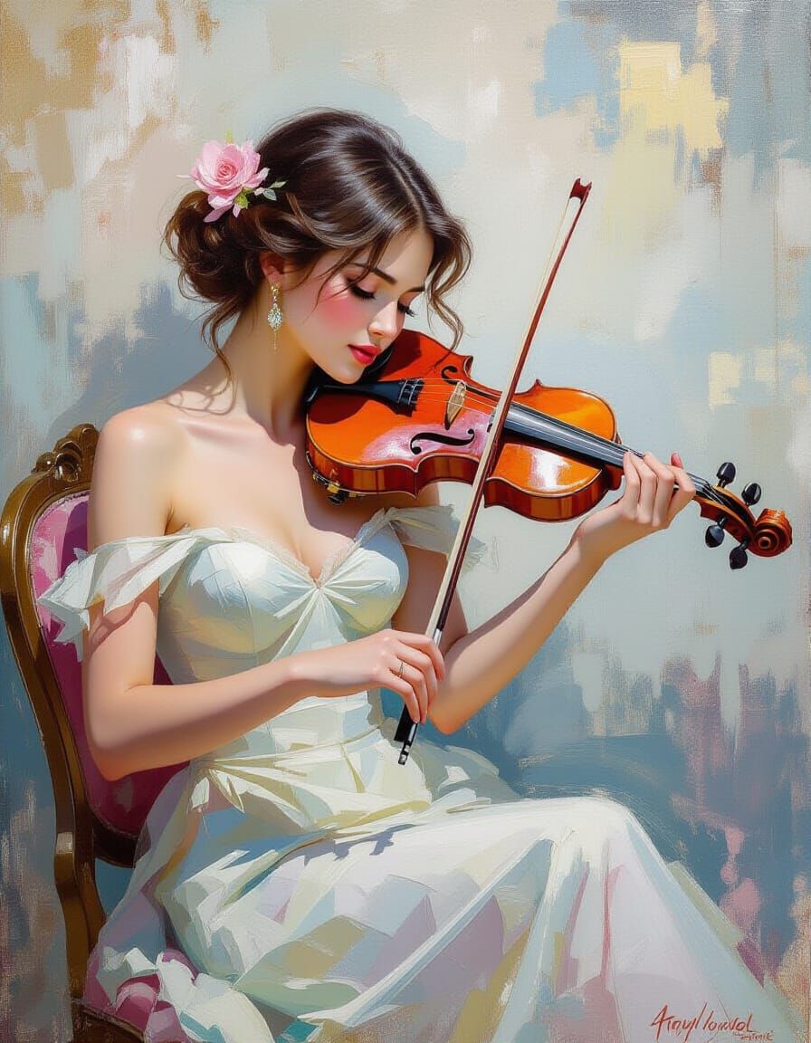 Girl with Violin in Impressionist Rococo Style