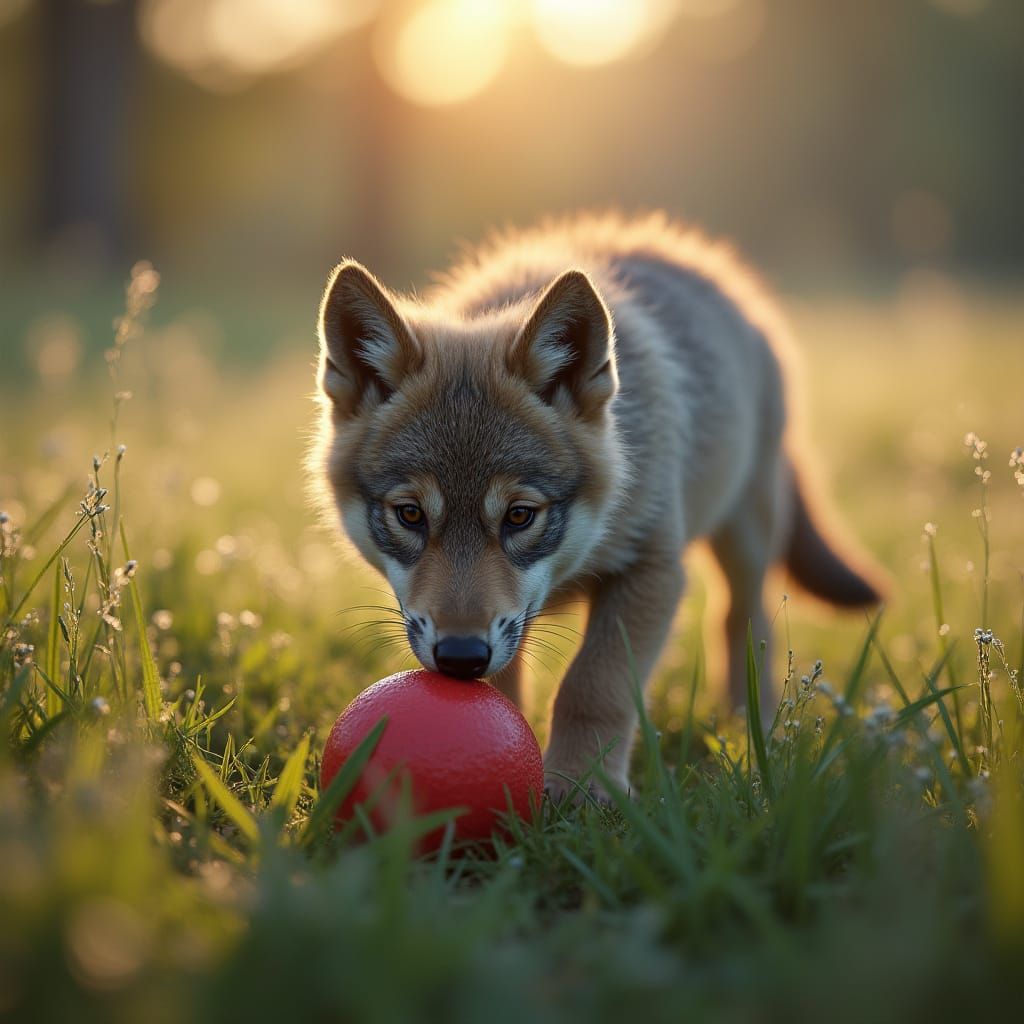 Dire Wolf Pup Plays in Golden Meadow