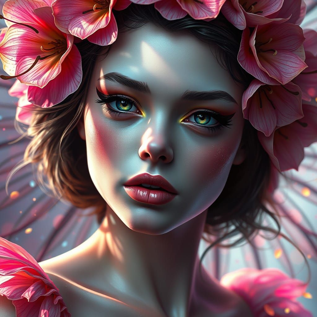 Vibrant Floral Fairy in Dynamic Hyper-Realistic Portrait