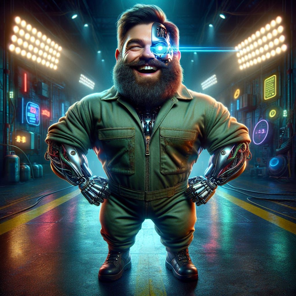 Laughing Cyborg Dwarf in Sci-Fi Space Station