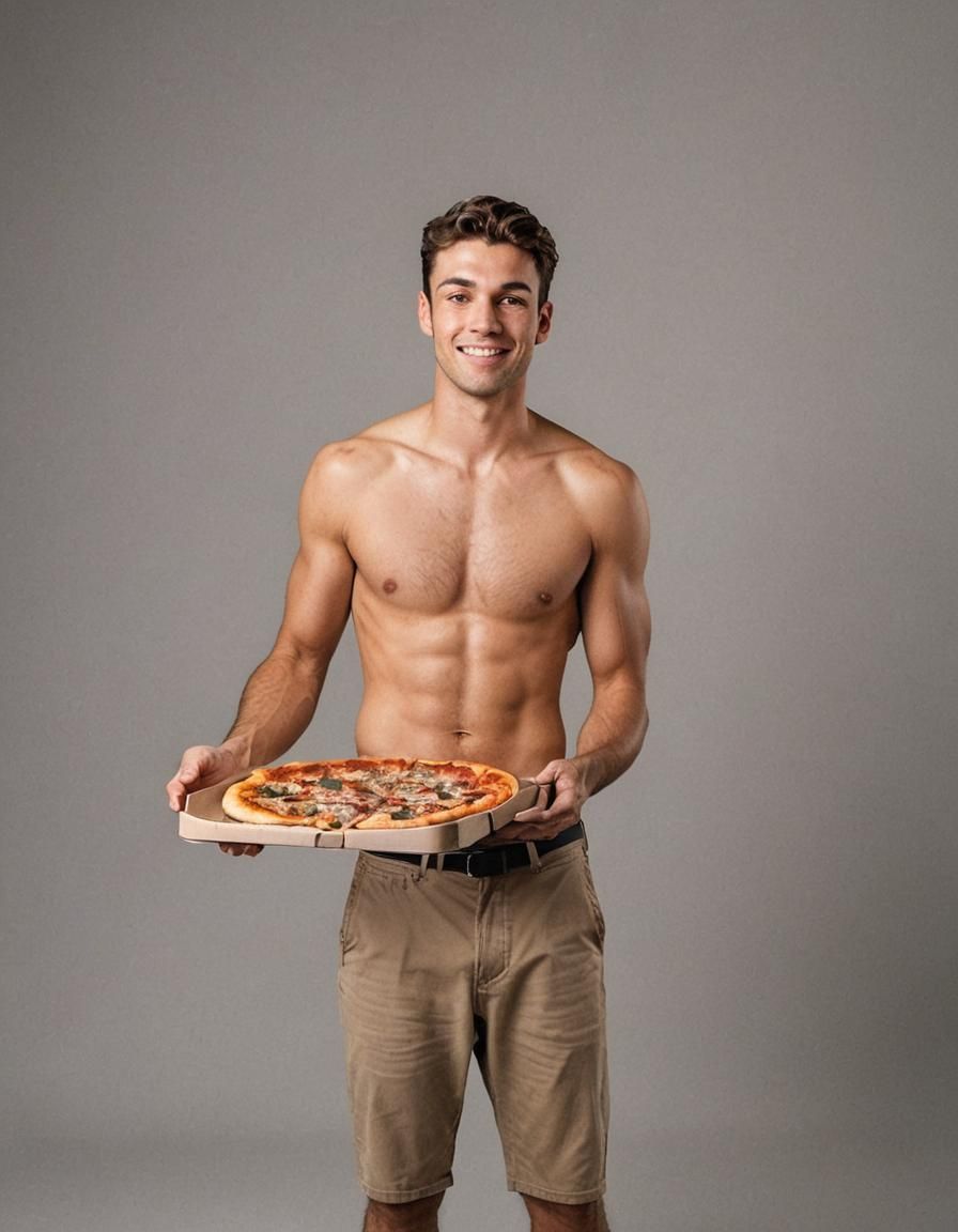 full body portrait of a 25-year-old handsome shirtless male pizza delivery man. No shirt. No pizza.