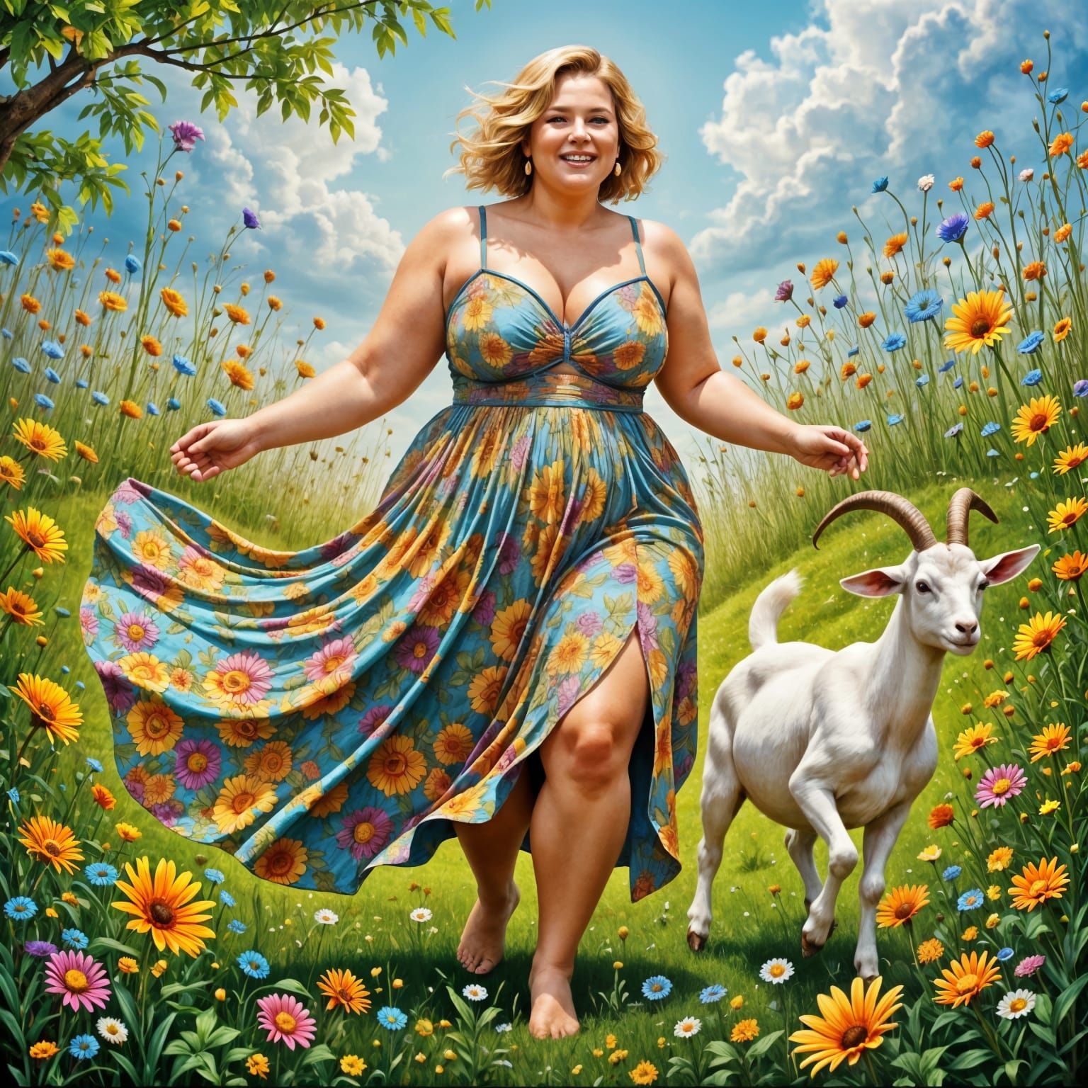 Vibrant Woman Dances with Goat in Whimsical Field Scene