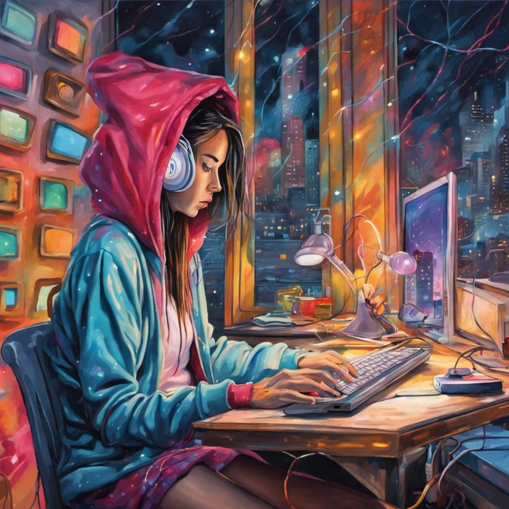 Girl Gaming at Snowy Night in Graffiti Art Style