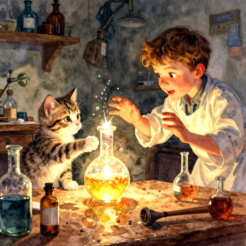 Curious Kitten and Alchemist in Magical Workshop