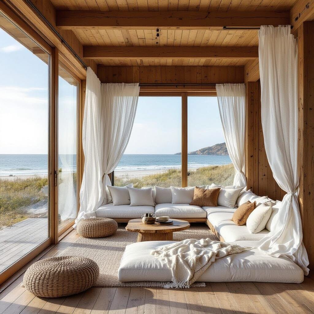 Glass and Wood Beach House with White Curtains and Pillows