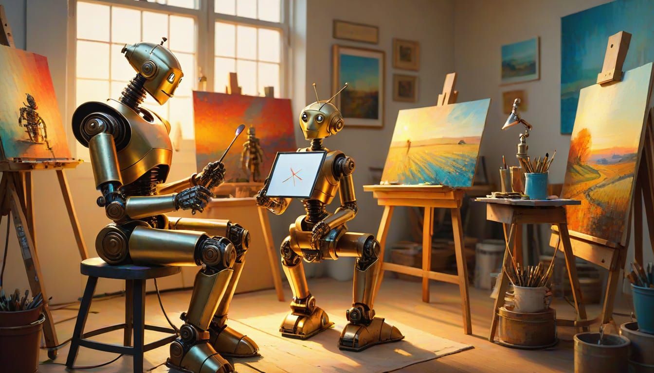 Robot Artist in Whimsical Modern Art Studio