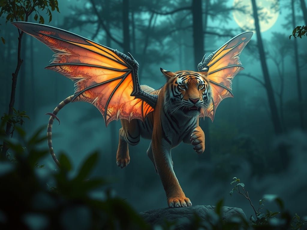 Moonlit Fairy Dragon Tiger in Lush Forest