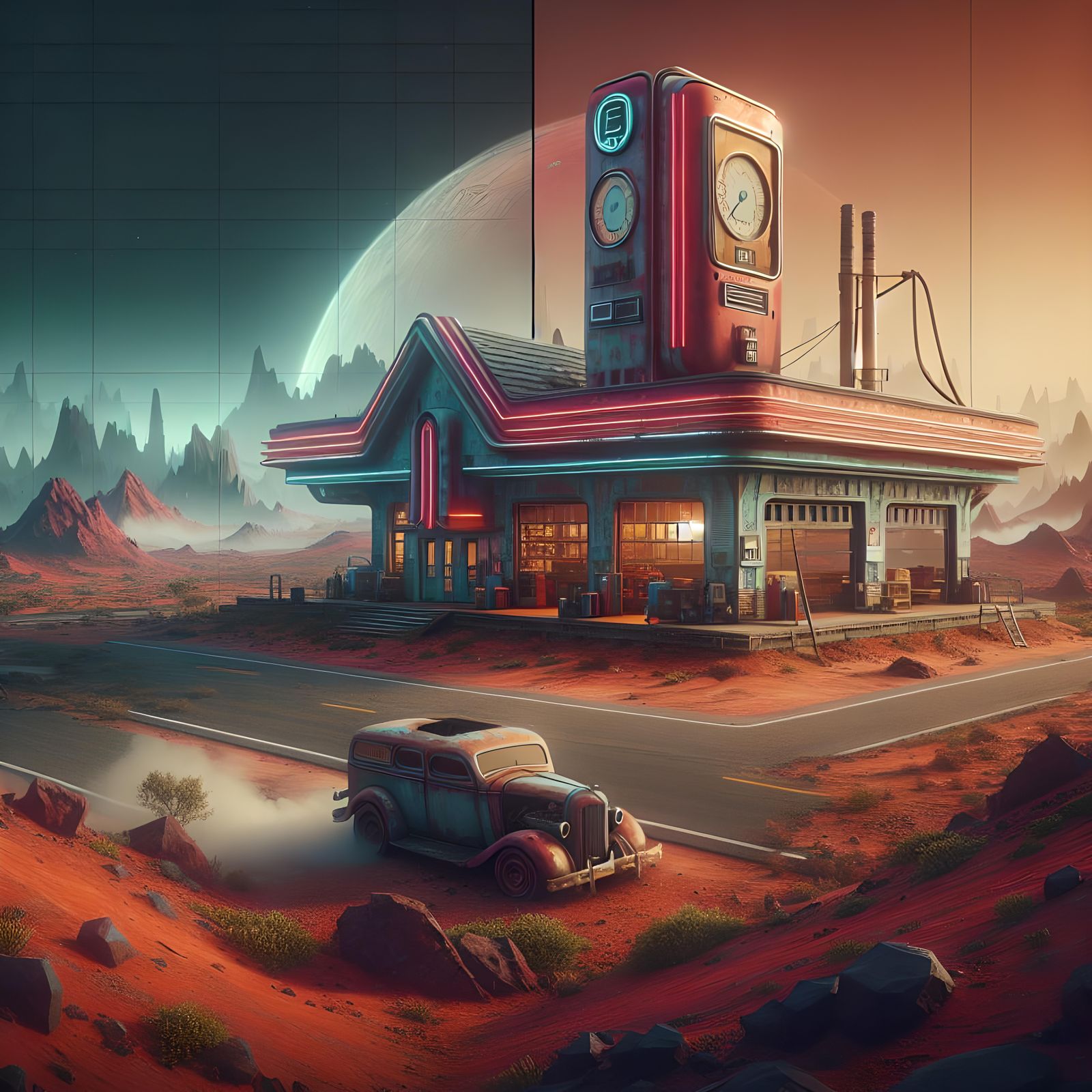 Retro Gas Station on Dystopian Mars: Fantasy Concept Art