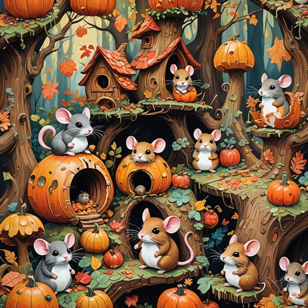 Chibi Mice in Gourd Houses: An Impressionist Painting